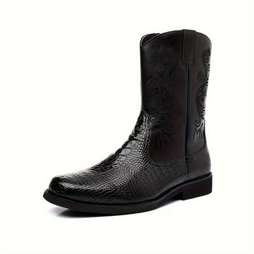 Plus Size Men's Vintage High Top Cowboy Boots With Side Zipper, Comfy Non Slip Durable Casual Riding Shoes For Men's Outdoor Activities